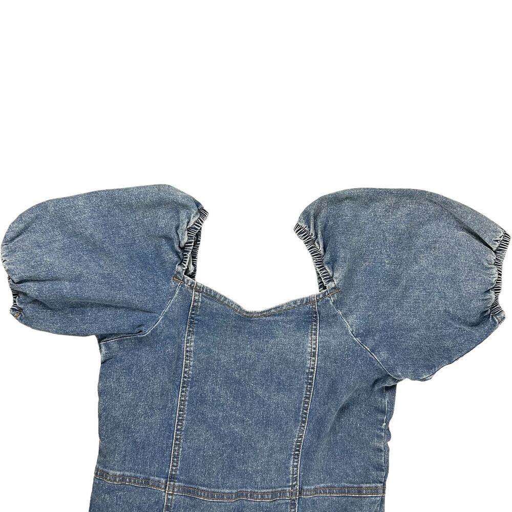 Madden Girl Sz M Jean Denim Mini Puff Sleeve Dress Sweetheart Neckline Zip Up - Picture 2 of 12